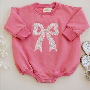 Little Joy Co Applique Floral Bow Sweatshirt Romper Pink 9-12 month NWT IN PKG